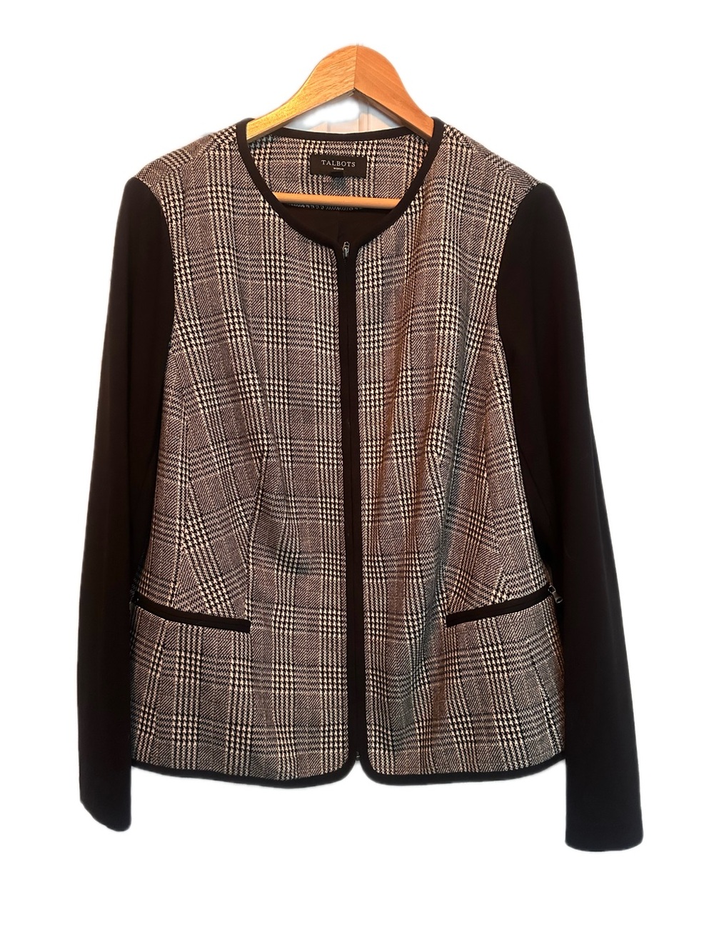 Talbots Black and White herringbone Plaid Zip-Front Blazer